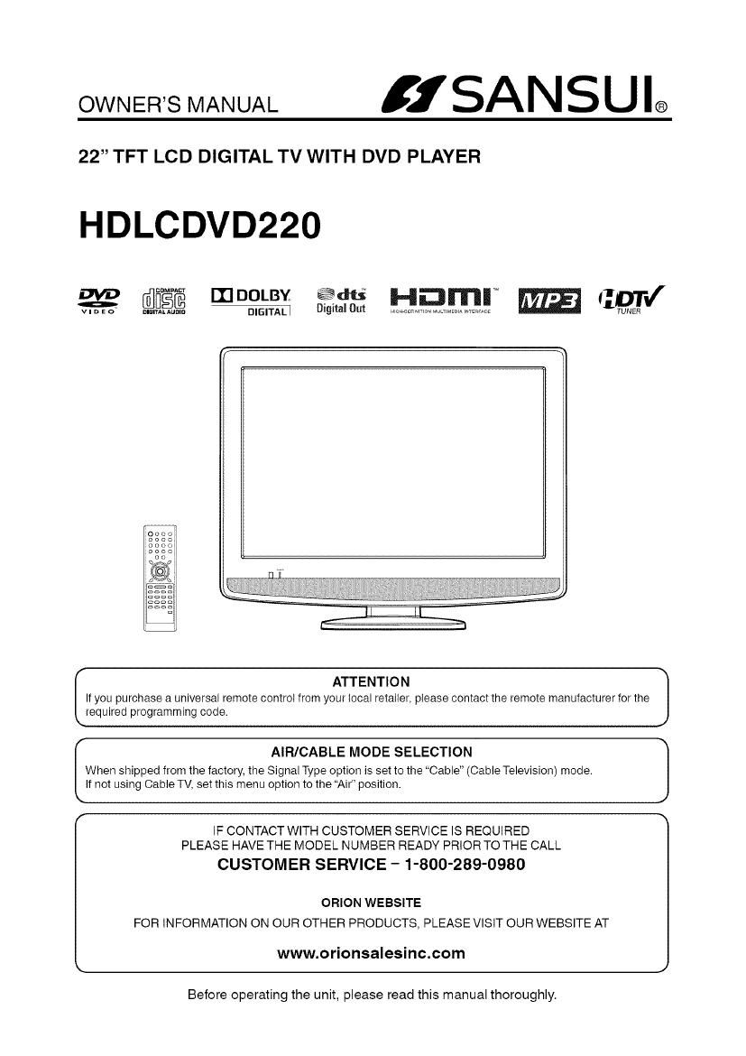 Sansui HD LCD VD220 Owners Manual