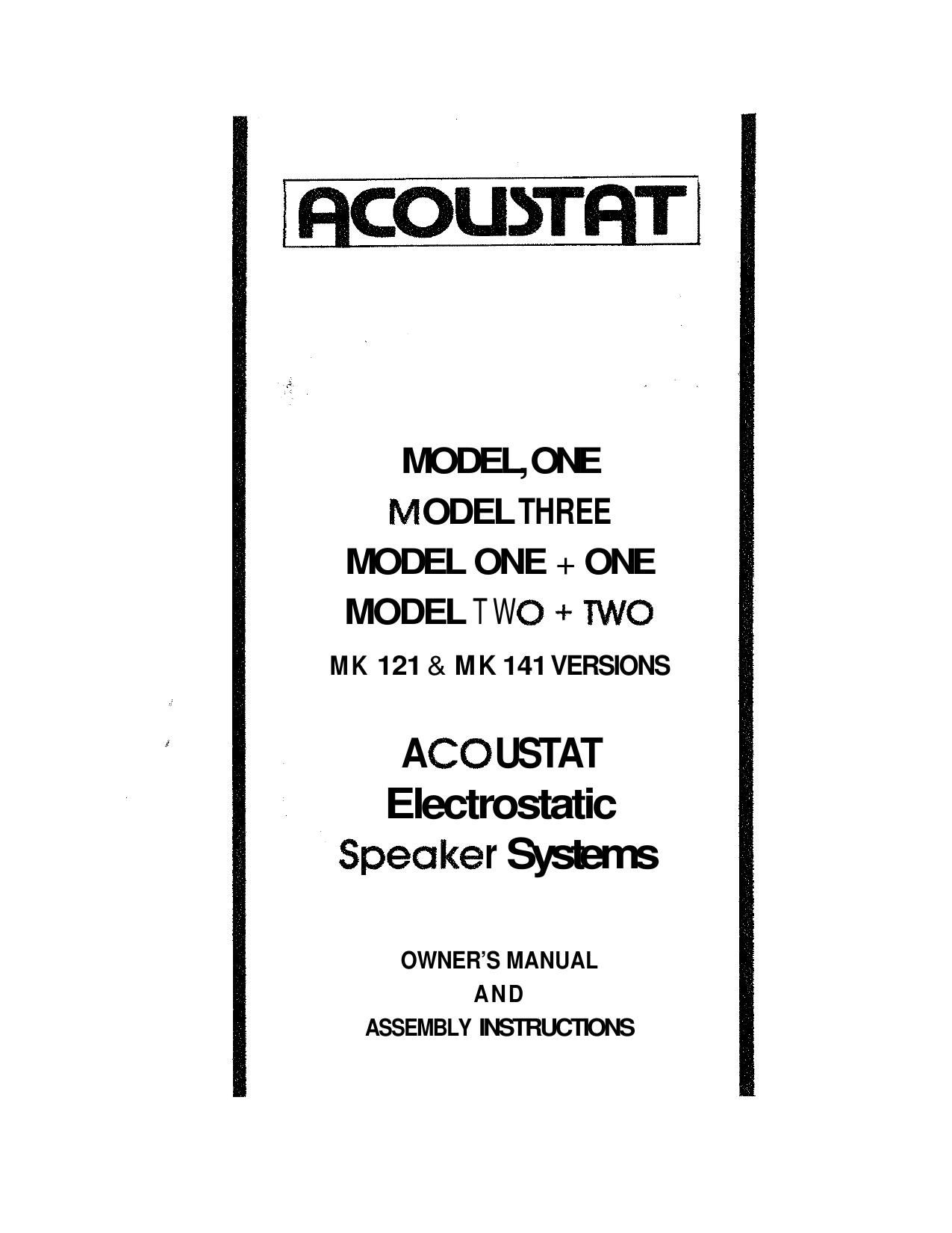 Acoustat MK 121 Owners Manual