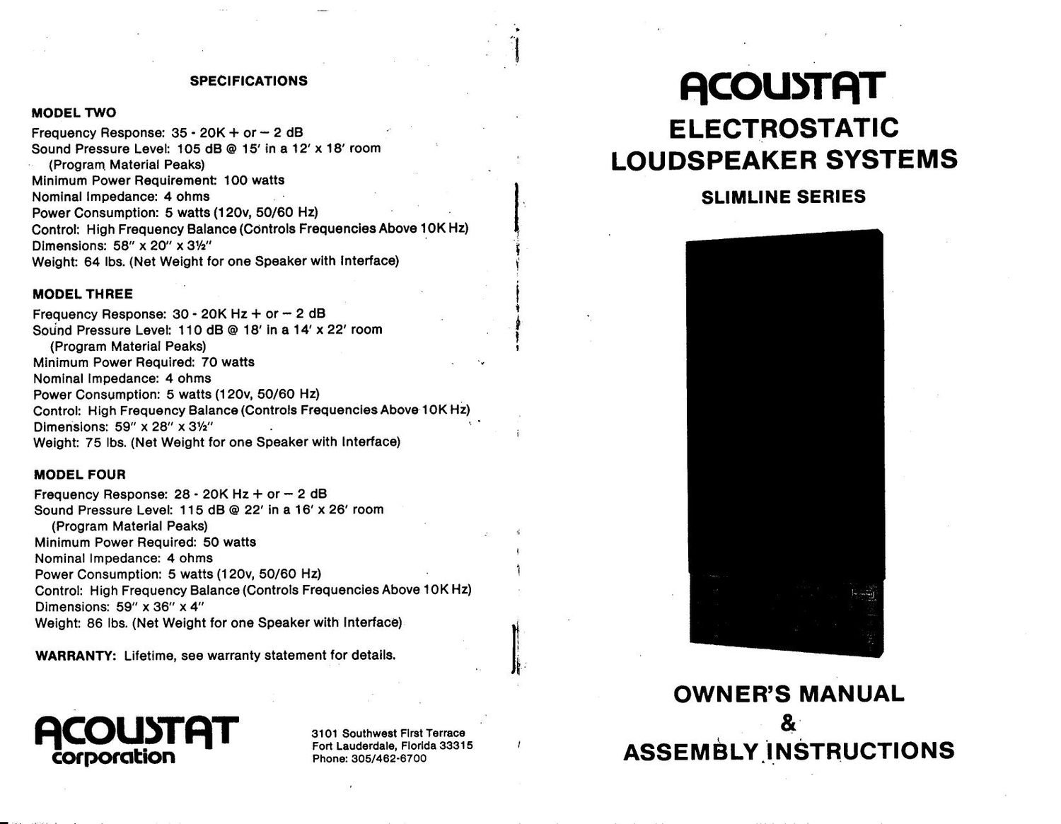 Acoustat Model 4 Owners Manual