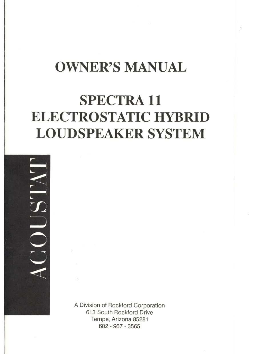 Acoustat Spectra 11 Owners Manual