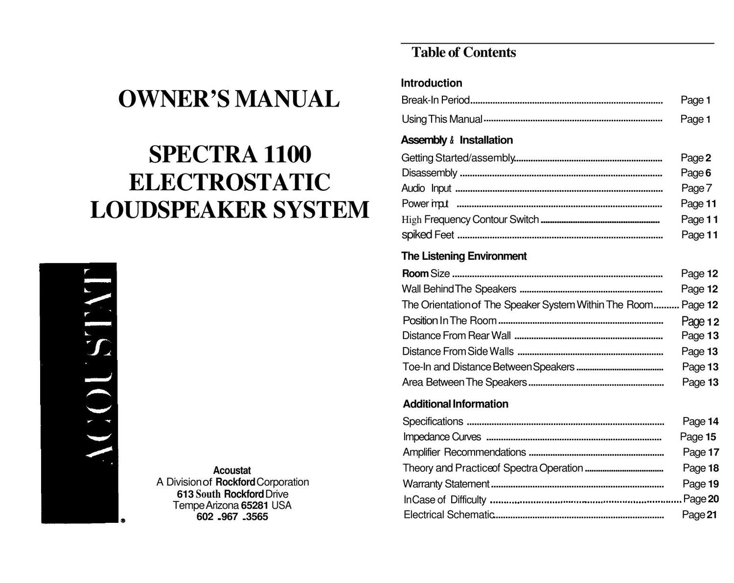 Acoustat Spectra 1100 Owners Manual