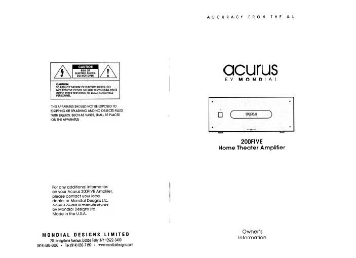 acurus 200 five owners manual