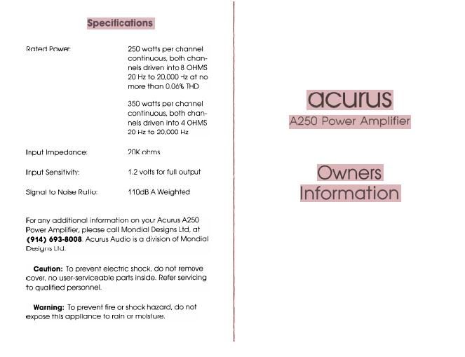 acurus a 250 owners manual
