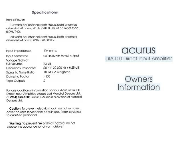 acurus dia 100 owners manual