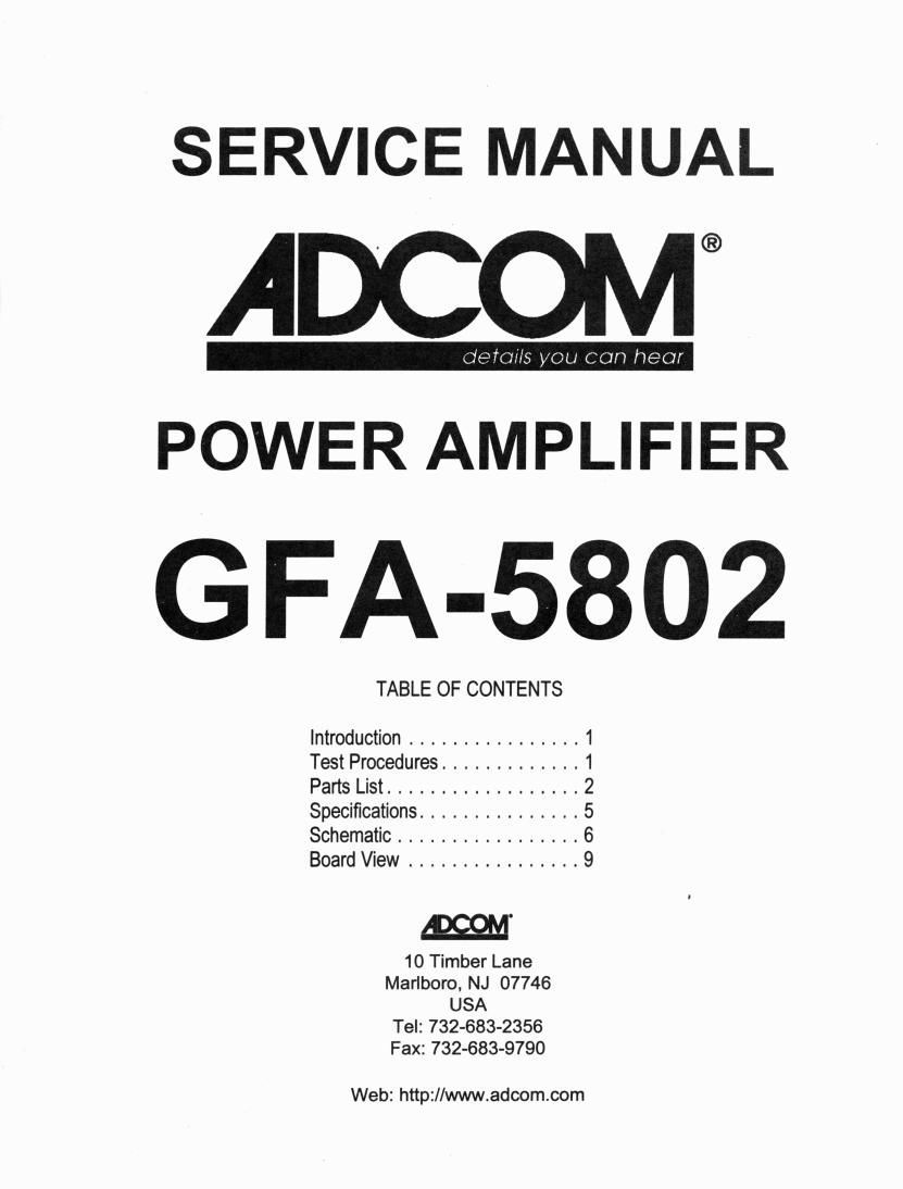 Adcom GFA 5802 Service Manual.