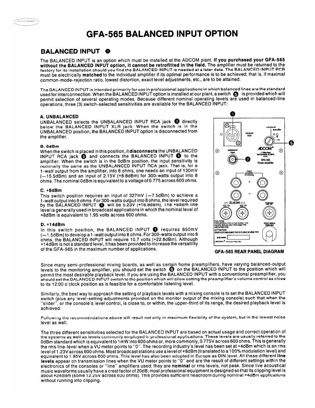 adcom gfa 565 balanced input