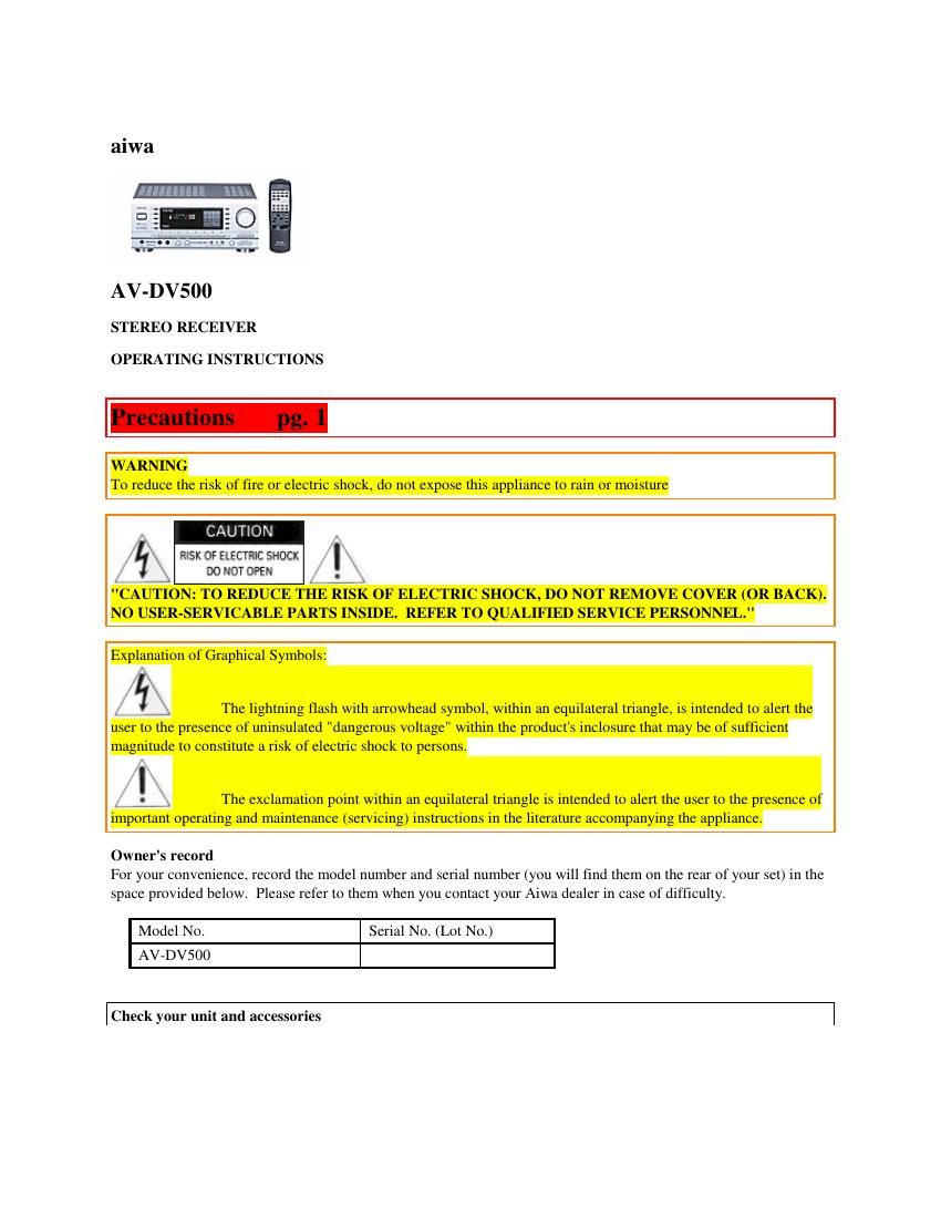 Aiwa AV DV500 Owners Manual