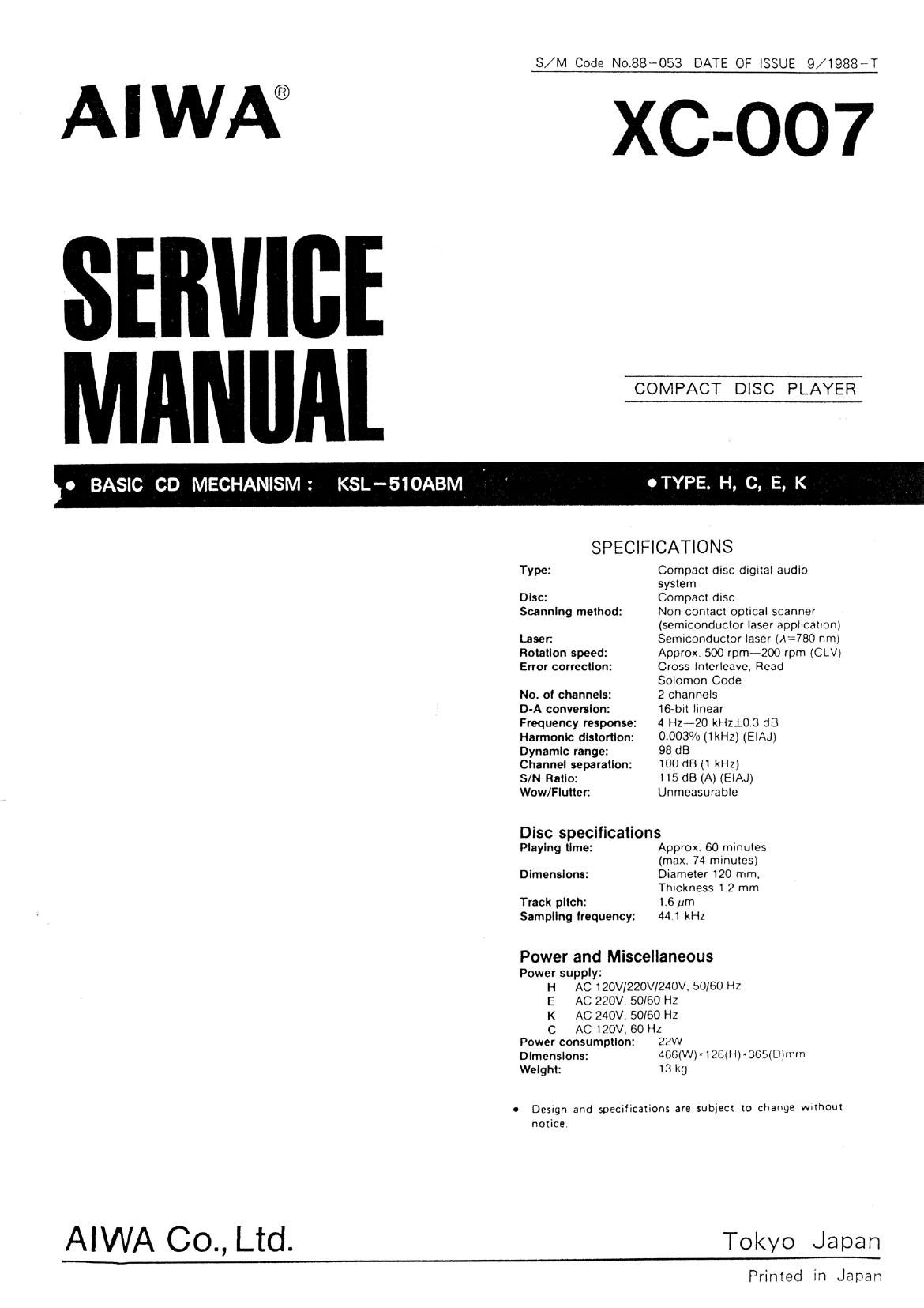 Aiwa XC 007 Service Manual
