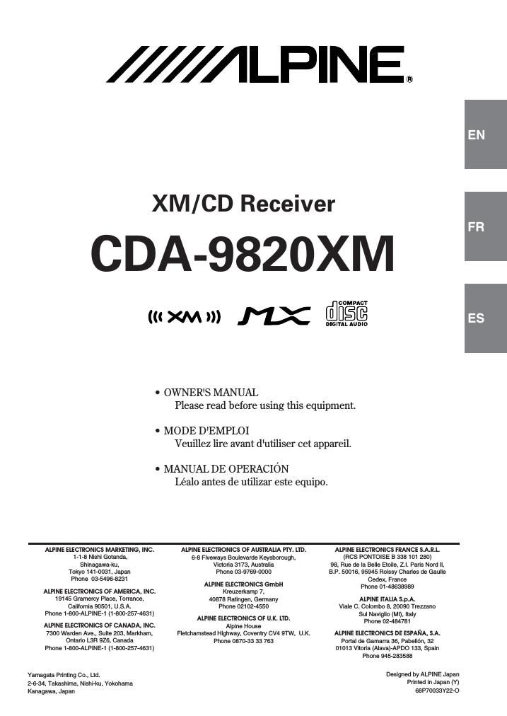 Alpine CDA 9820 XM Owners Manual