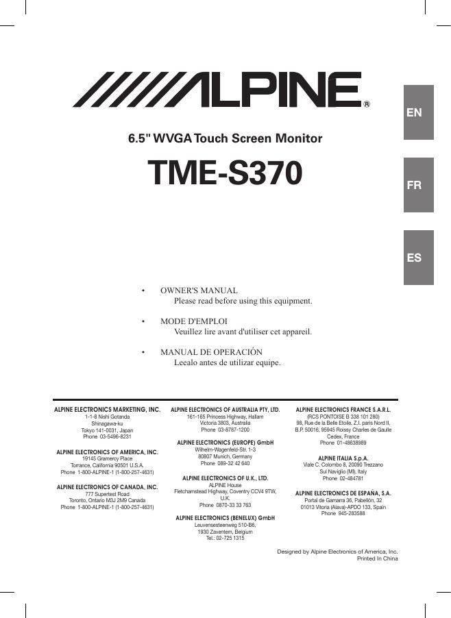 Alpine TME S370 Owners Manual
