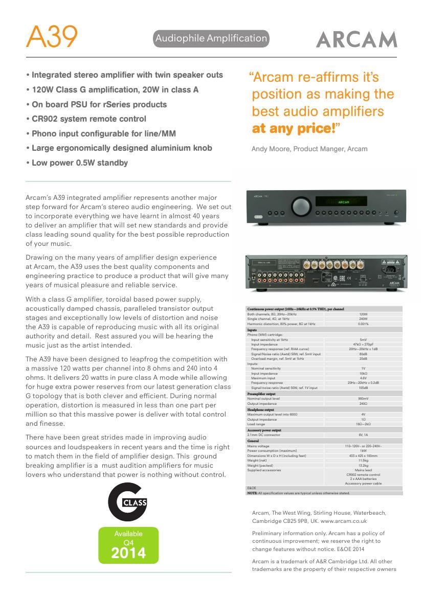 Arcam A39 Brochure