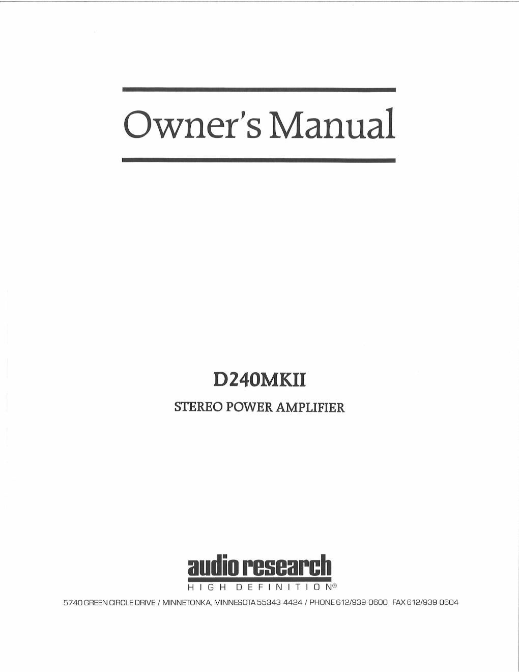 audio research d 240ii owners manual