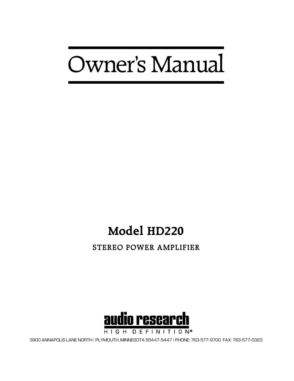 audio research hd220 owners manual