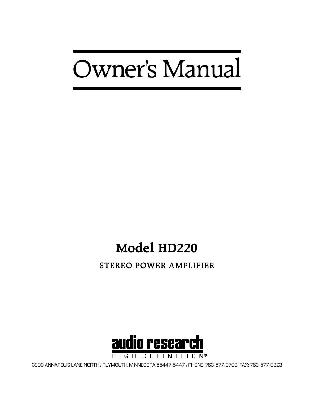 audio research hd220 owners manual