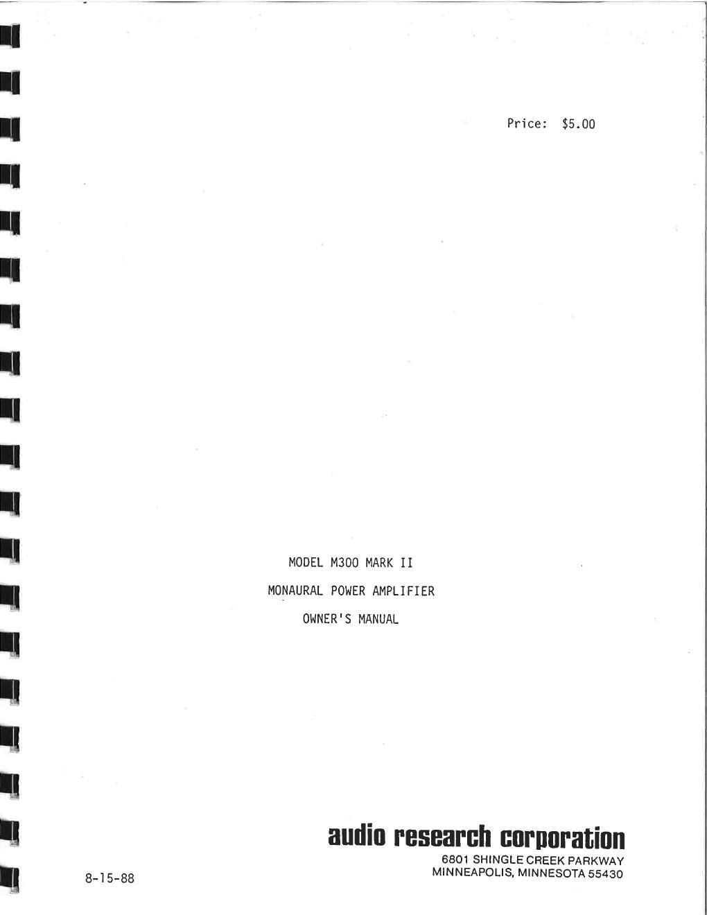 audio research m 300 mkii owners manual