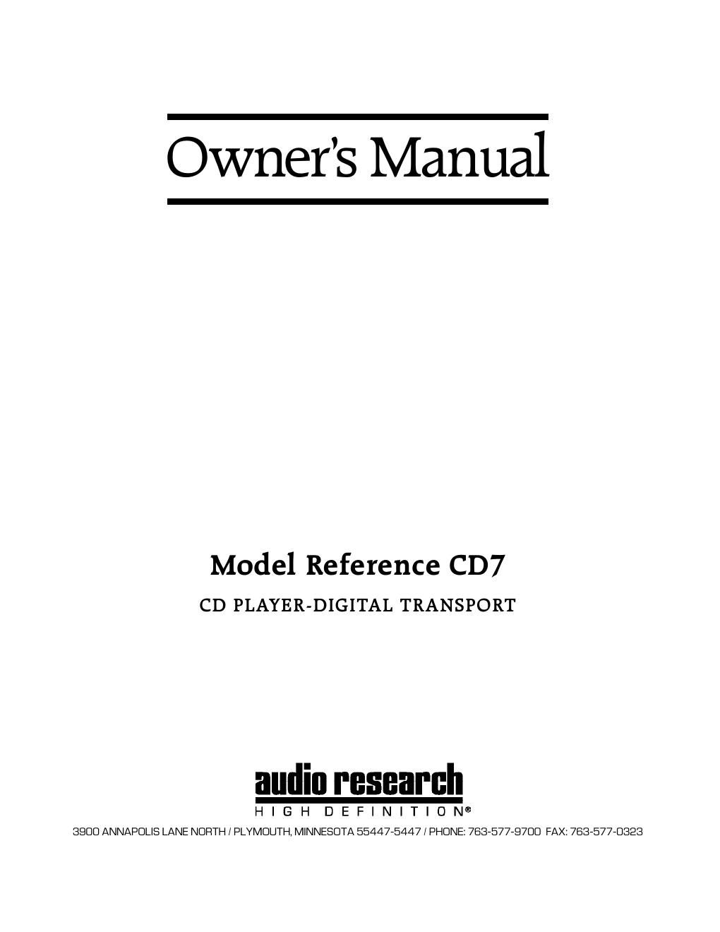 audio research ref cd7 owners manual
