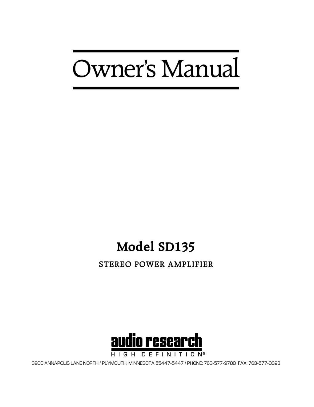 audio research sd 135 owners manual