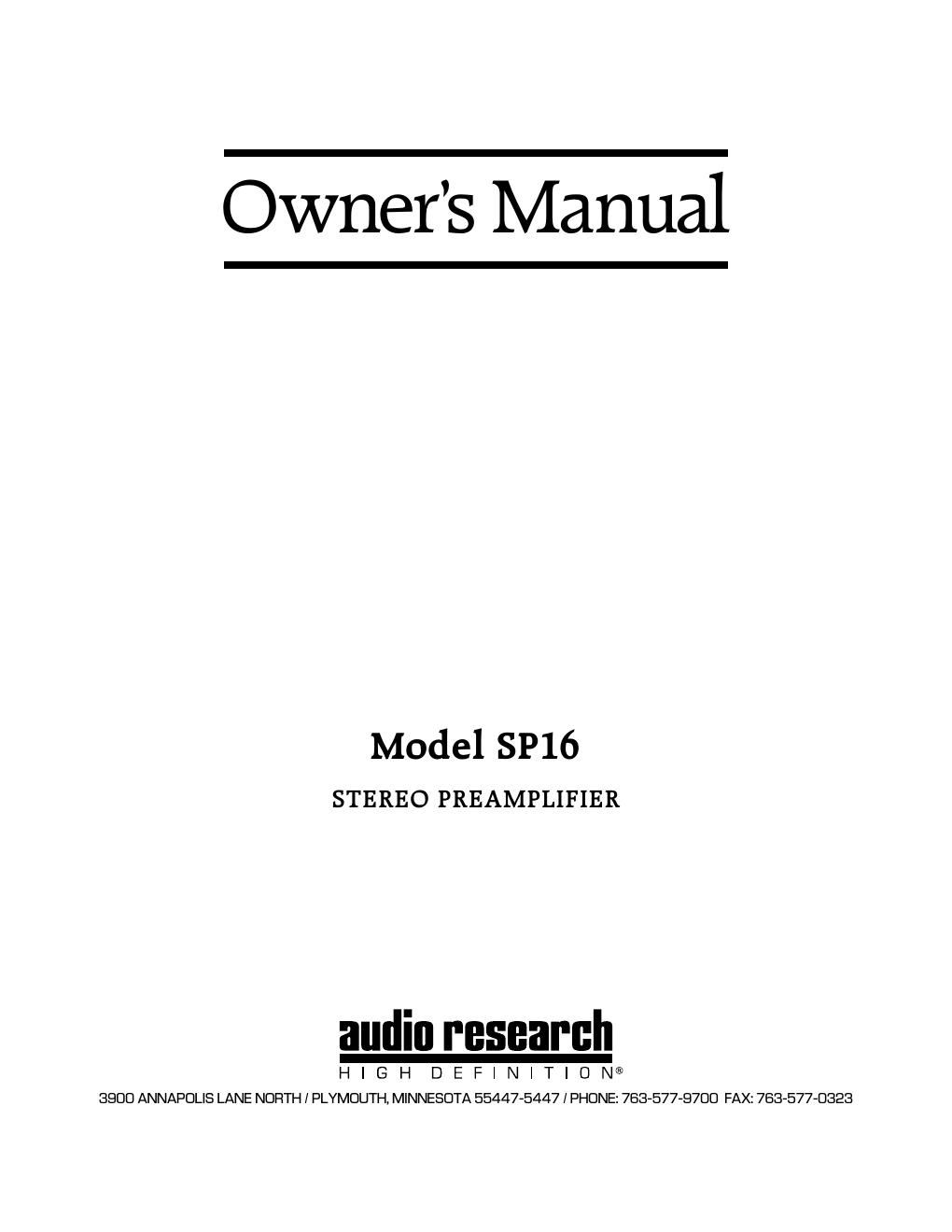 audio research sp 16 sp 16l owners manual