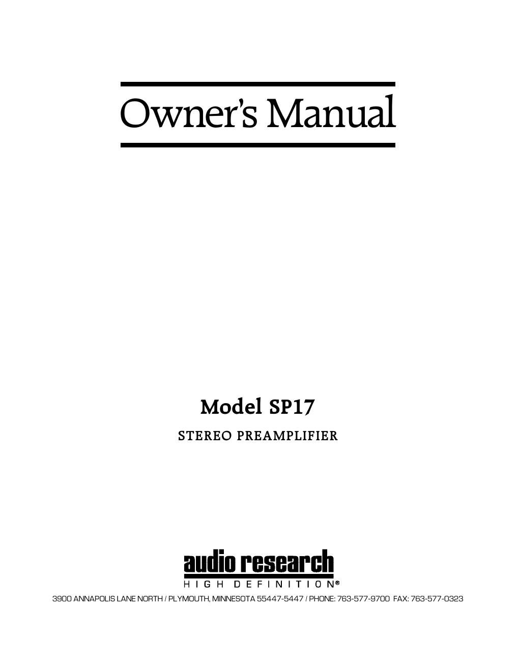 audio research sp 17 owners manual