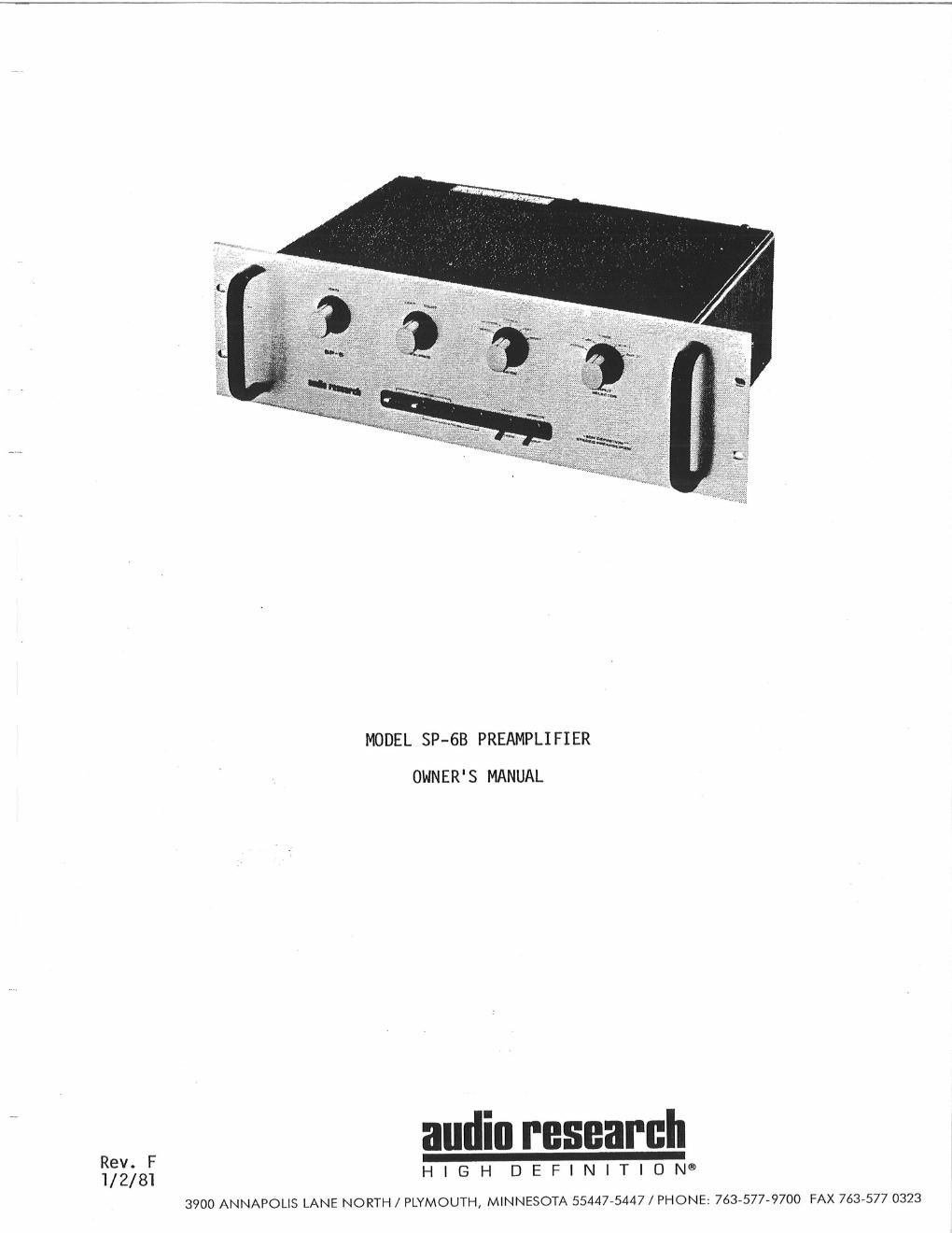 audio research sp 6b owners manual