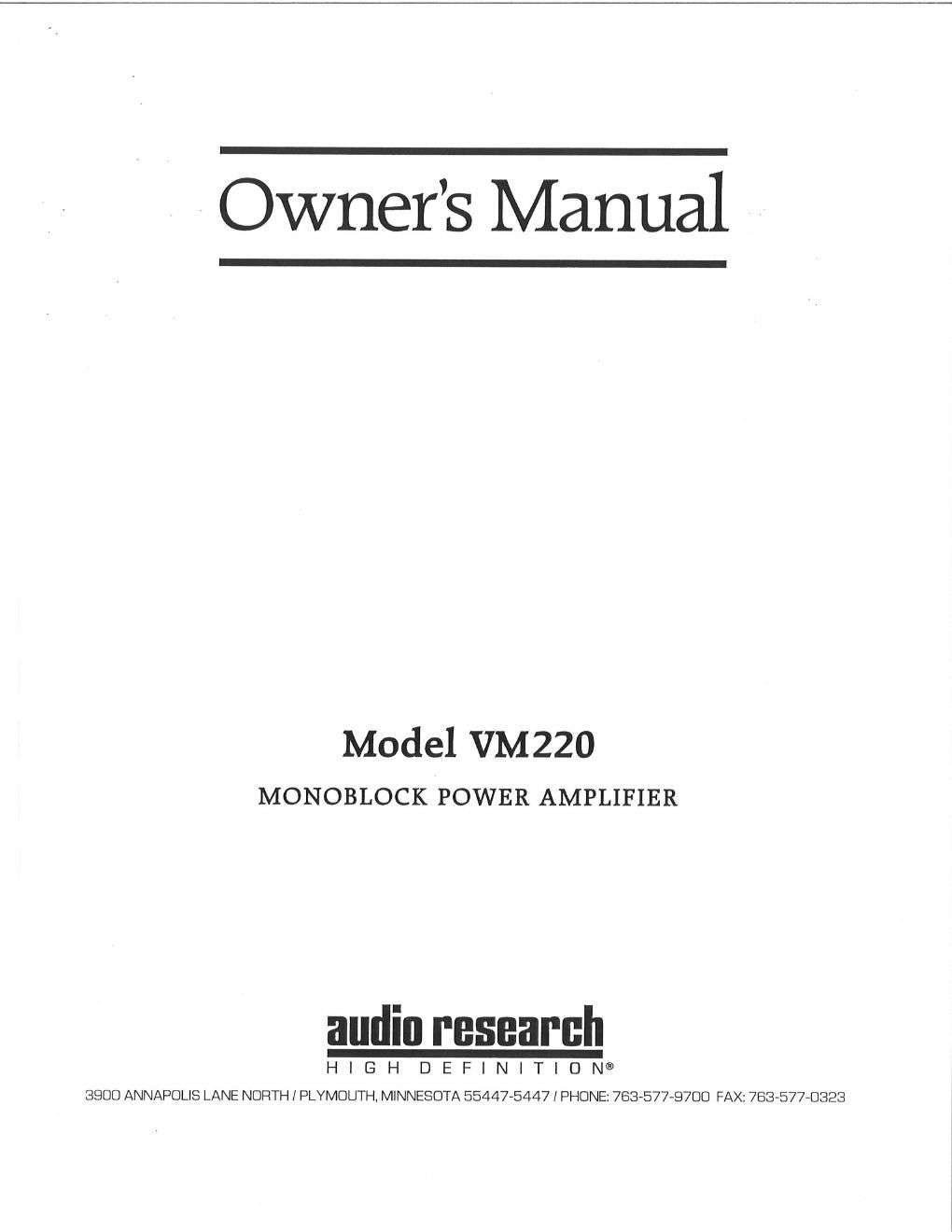 audio research vm 220 owners manual