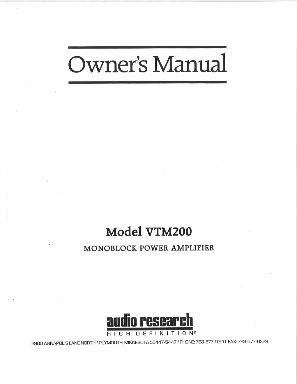 audio research vt m200 owners manual