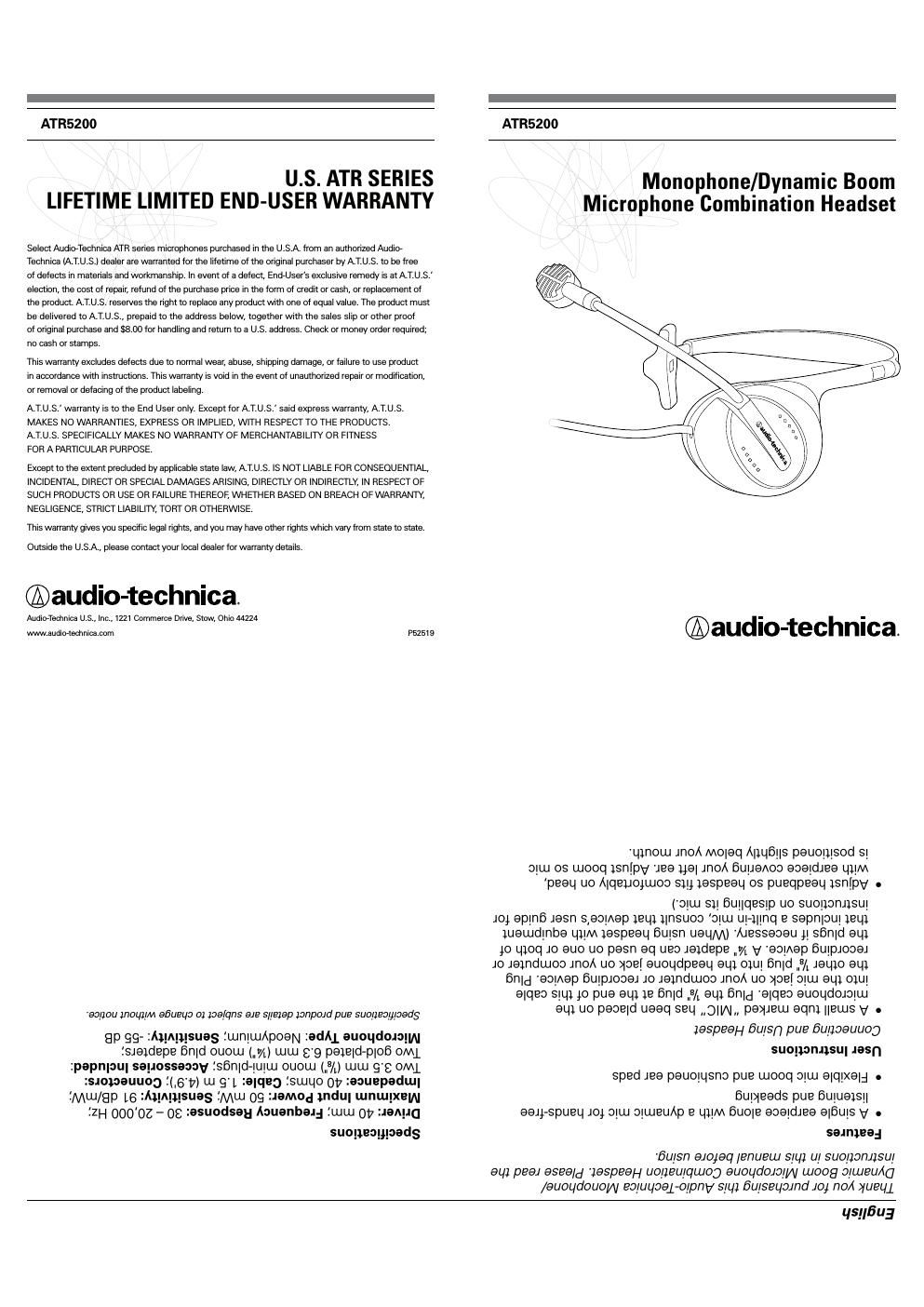 audio technica atr 5200 owners manual