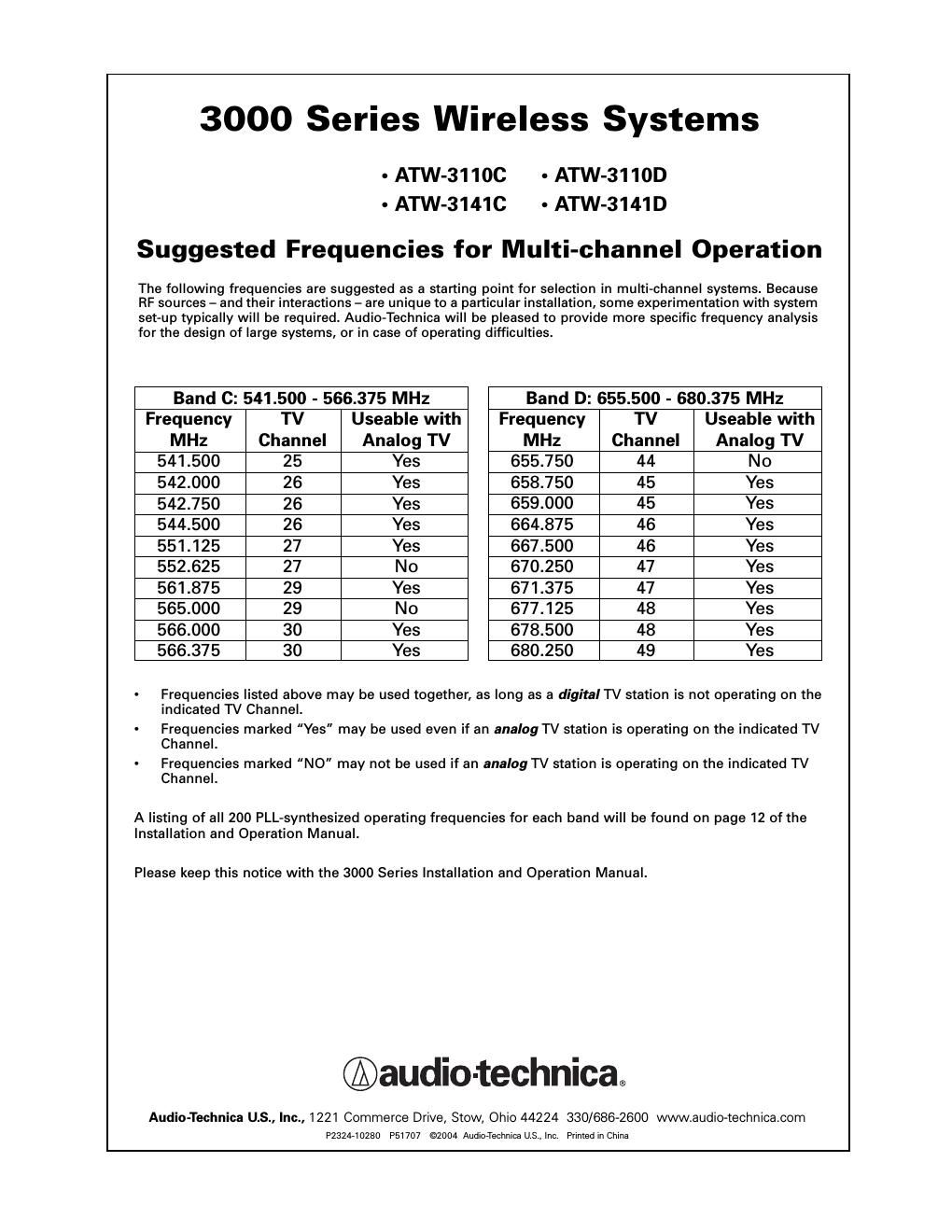 audio technica atw 3110 c brochure