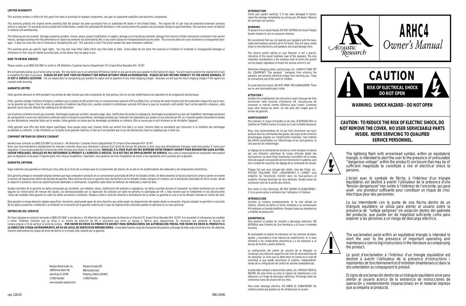 acoustic research ARH C4 Owners Manual