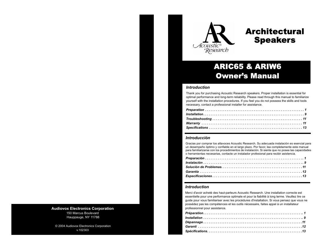 acoustic research ARI W6 Owners Manual