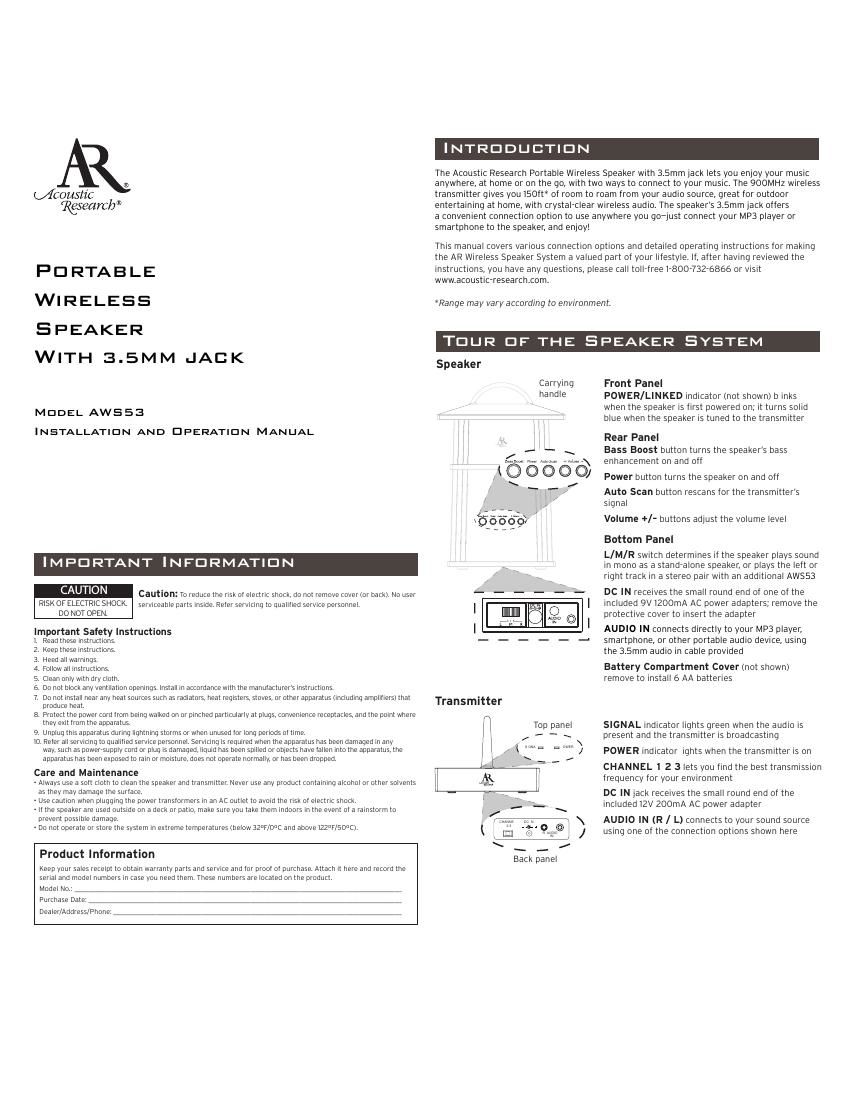 acoustic research AW 553 Owners Manual