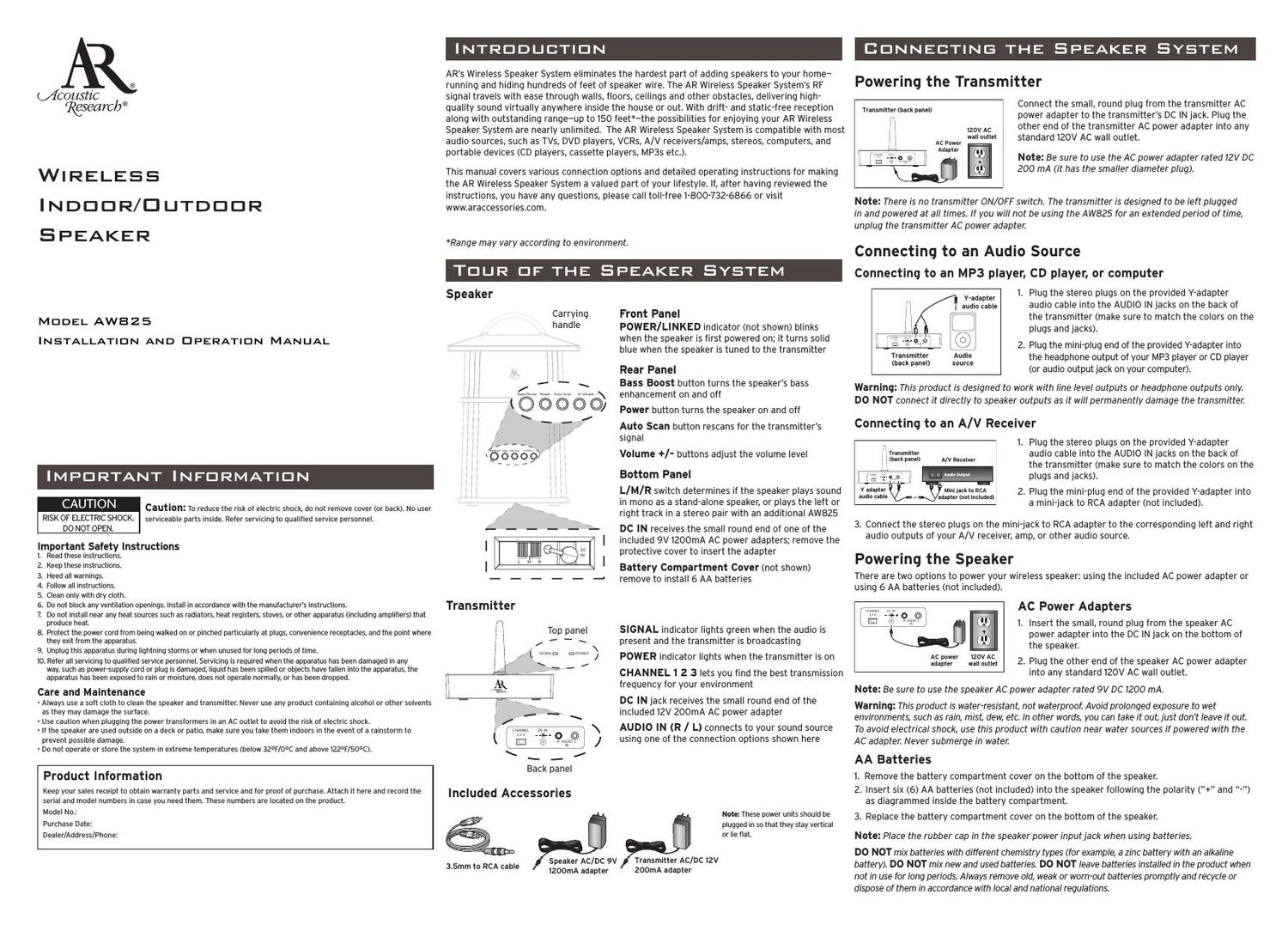 acoustic research AW 825 Owners Manual