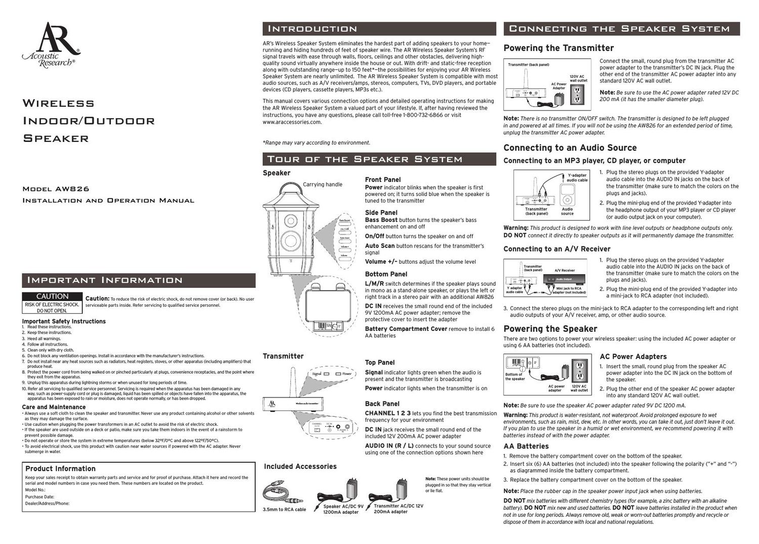 acoustic research AW 826 Owners Manual