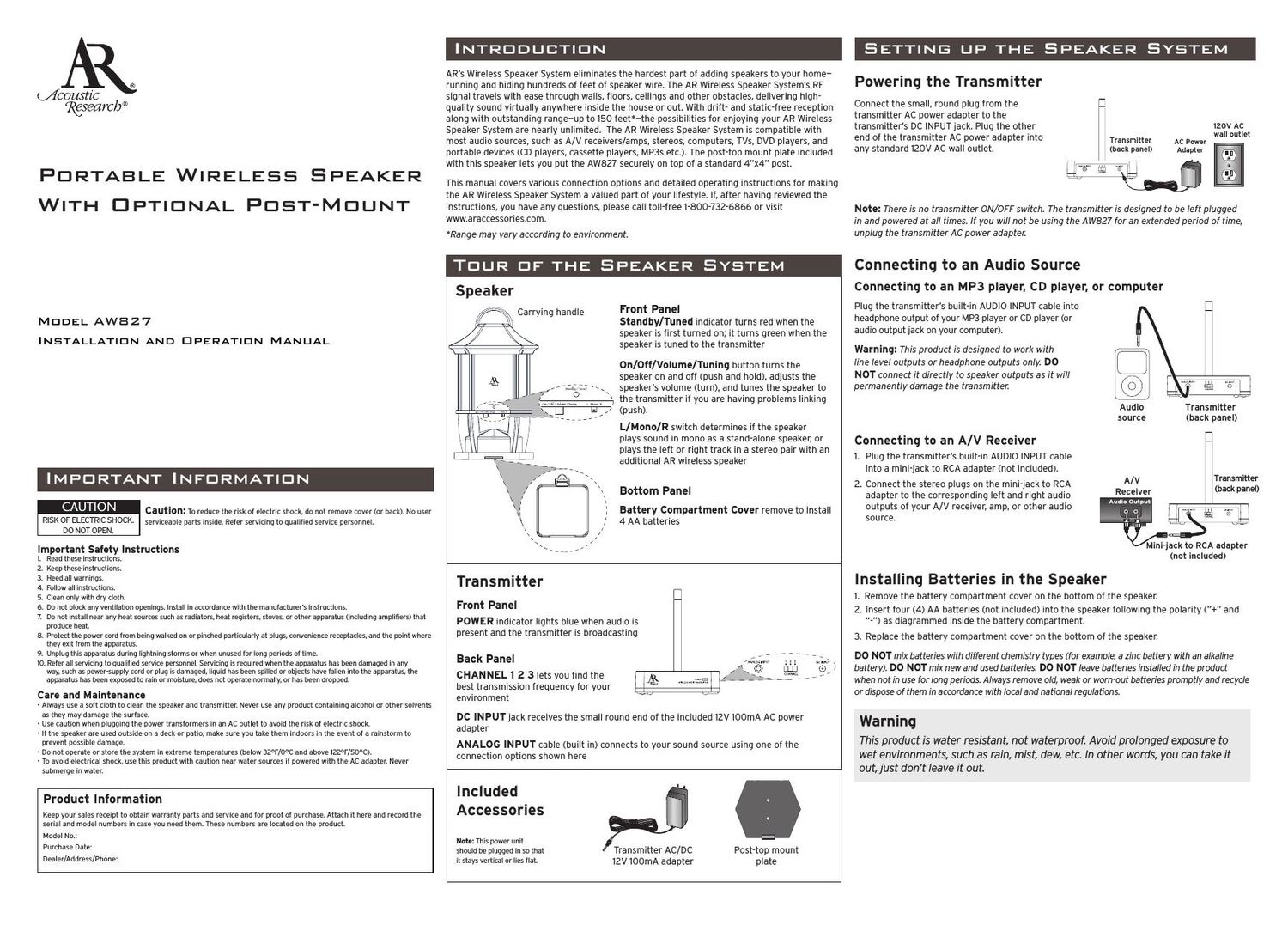 acoustic research AW 827 Owners Manual