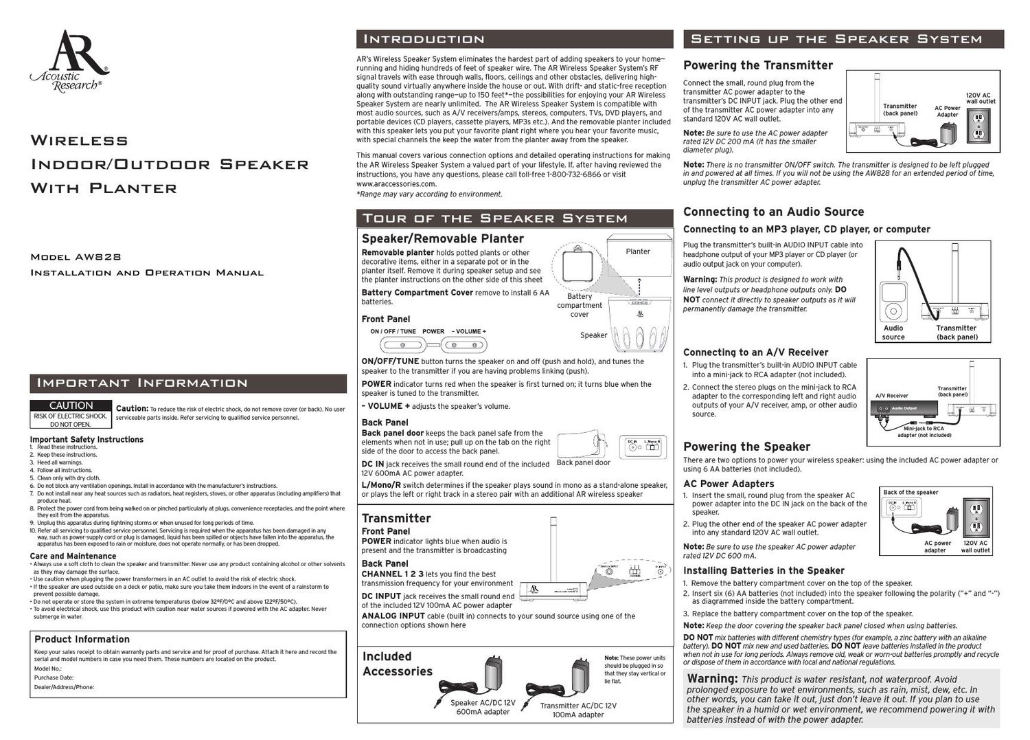 acoustic research AW 828 Owners Manual