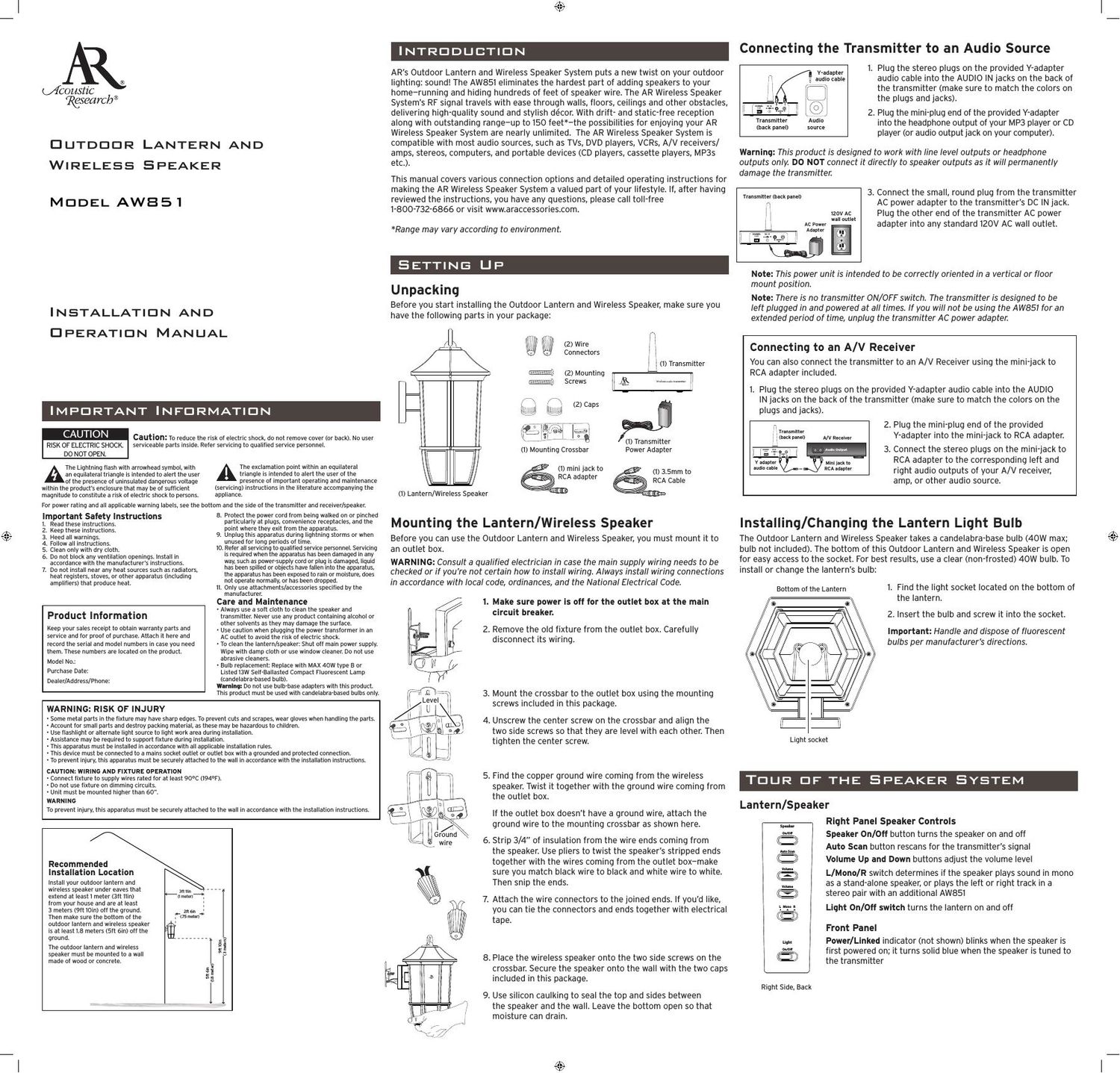 acoustic research AW 851 Owners Manual
