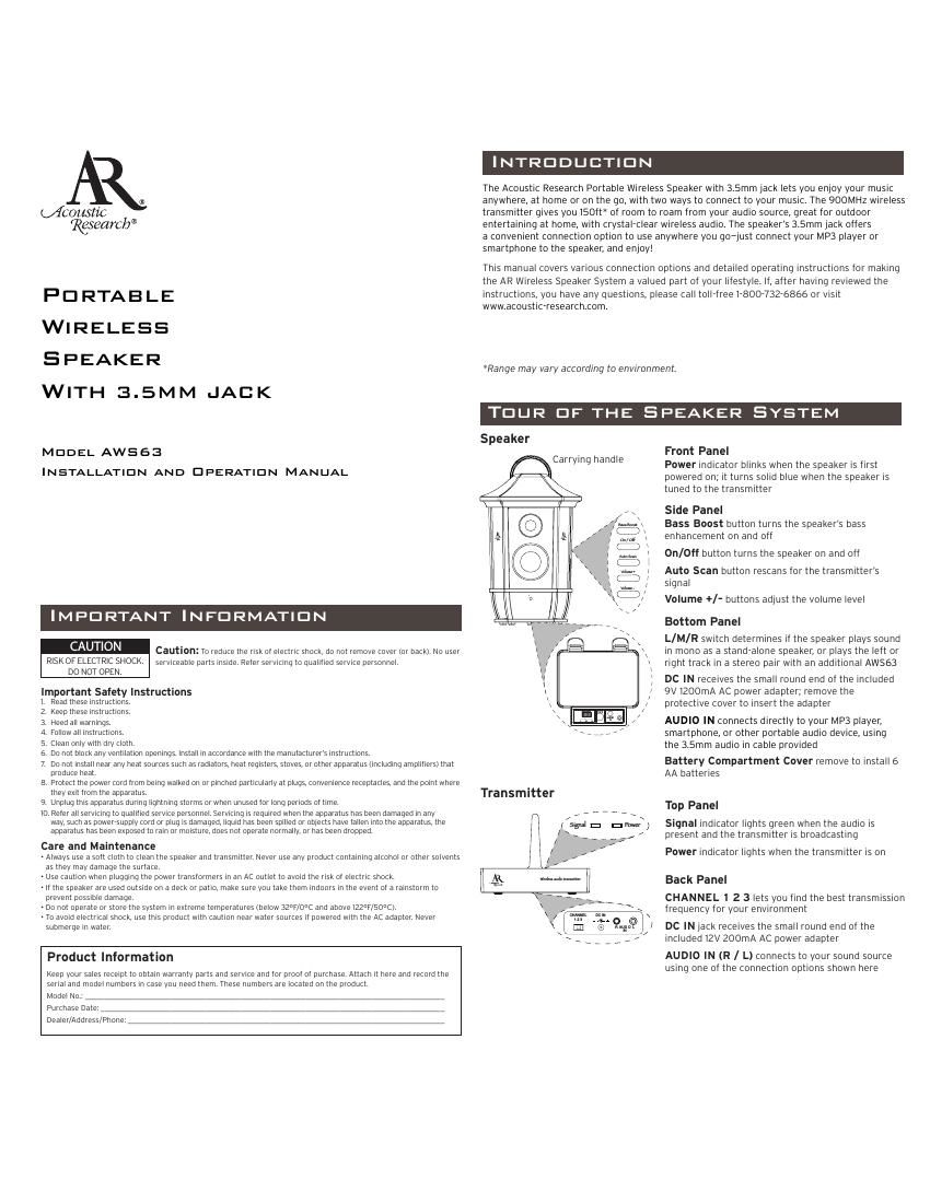 acoustic research AWS 63 Owners Manual