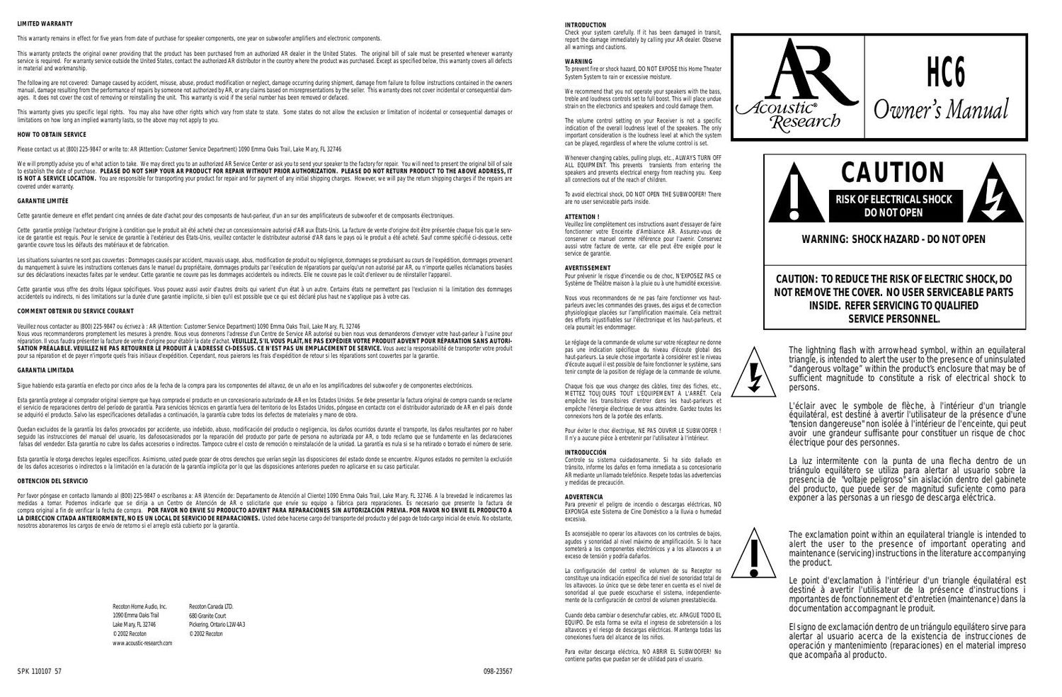 acoustic research HC6 Owners Manual