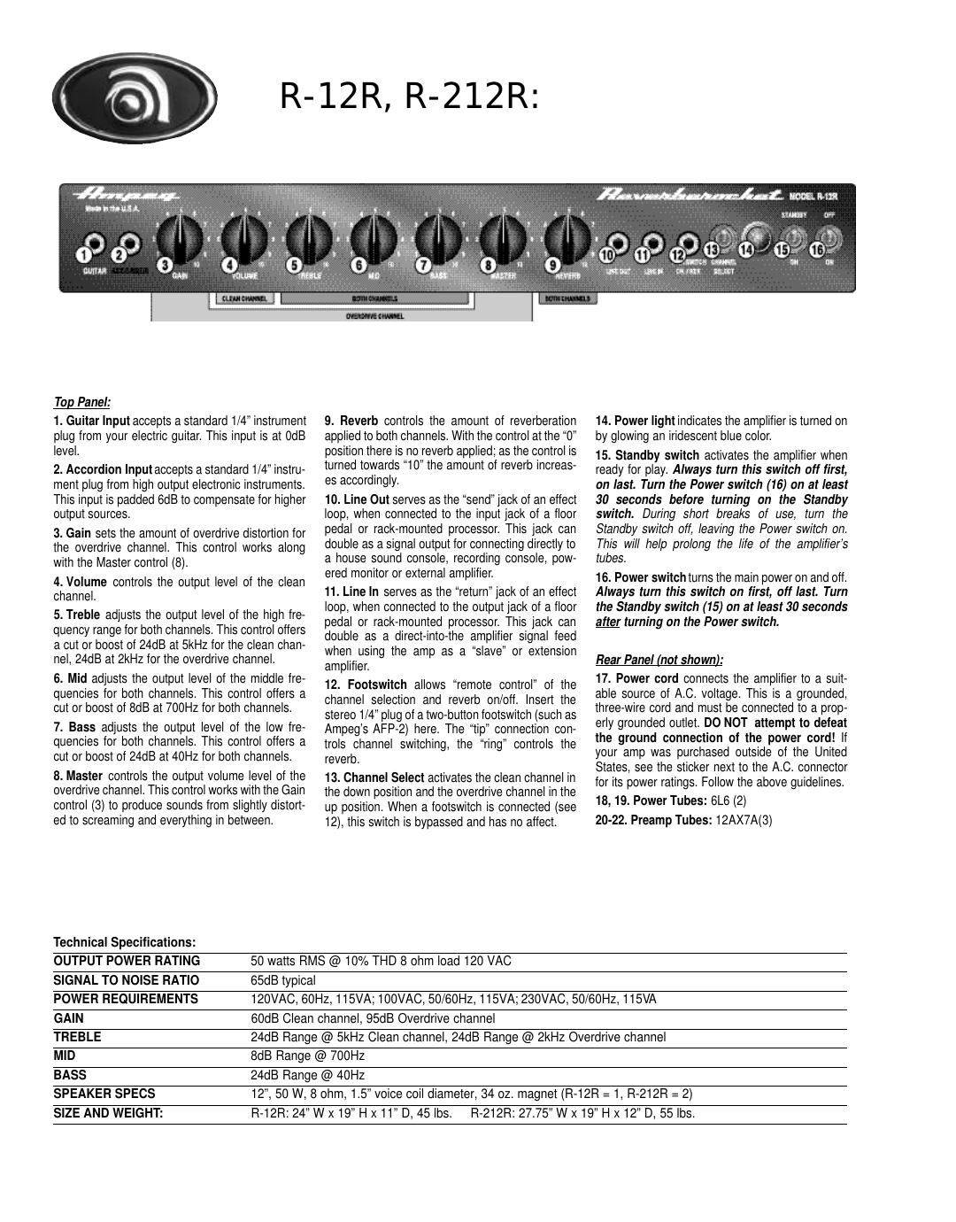 ampeg r 12r specs en