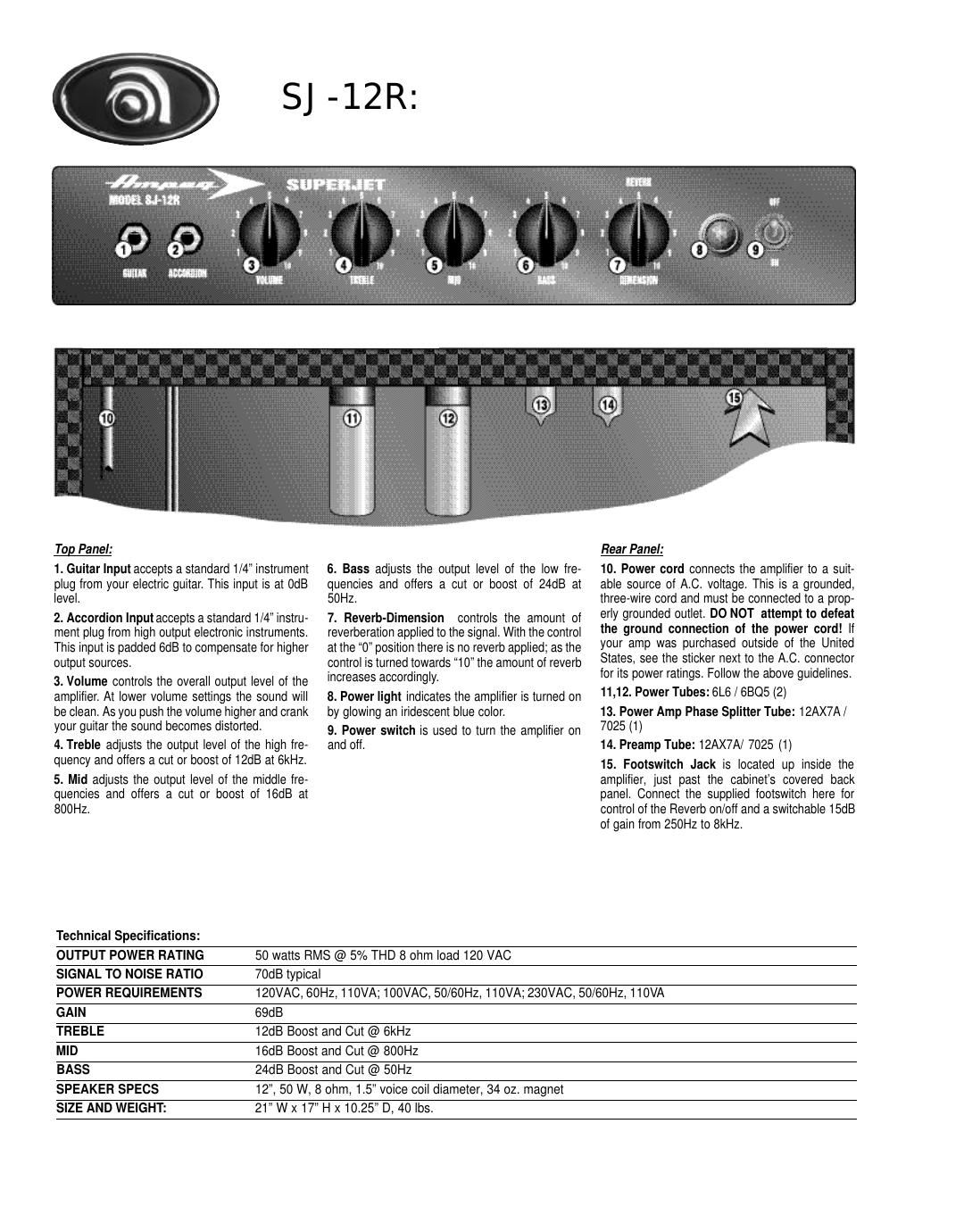 ampeg sj 12 specs en