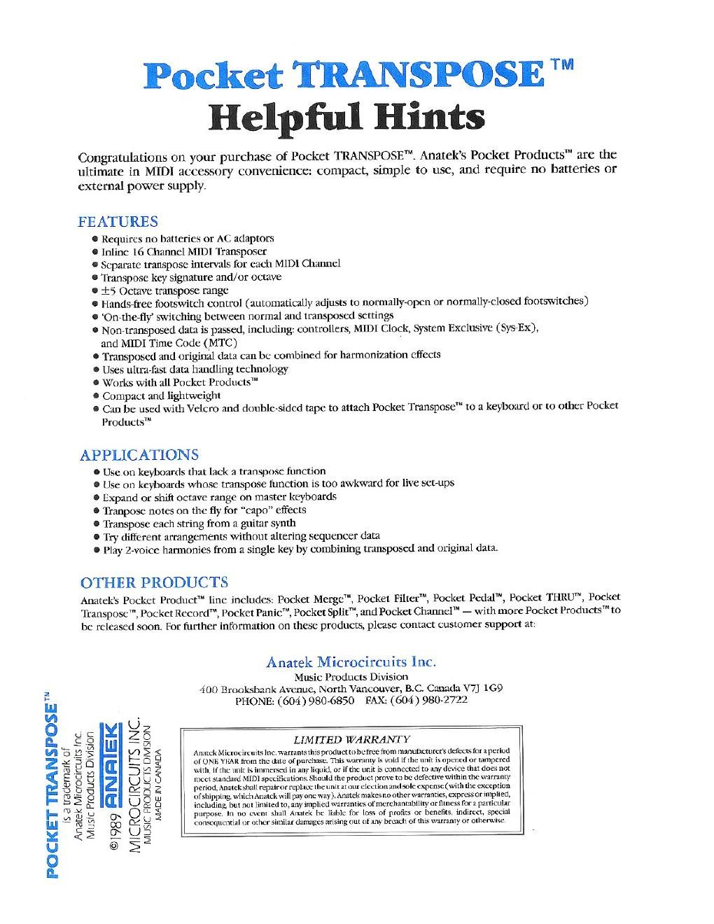 anatek pocket transpose helpful hints