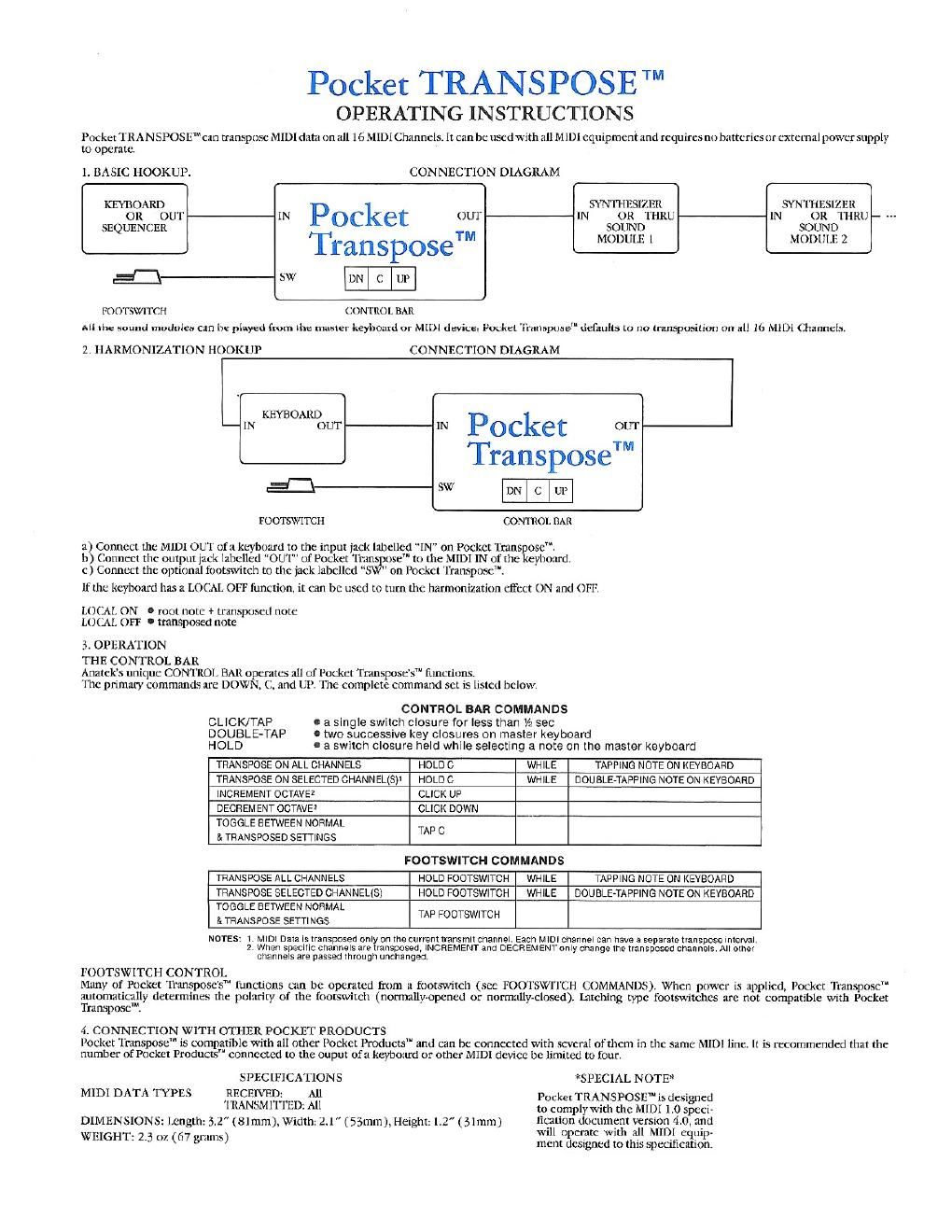 anatek pocket transpose operating instructions