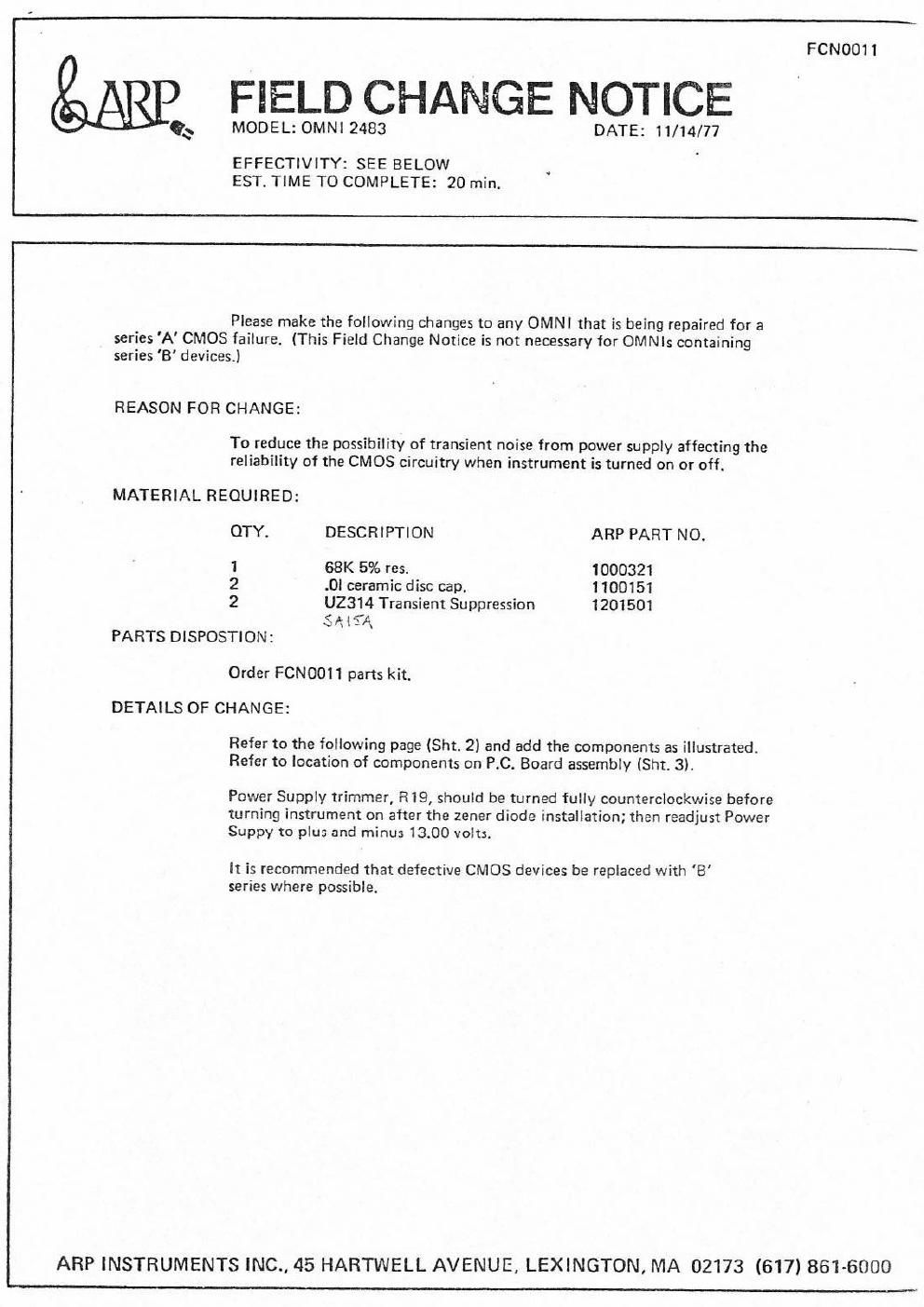 arp omni field change notice model 2483