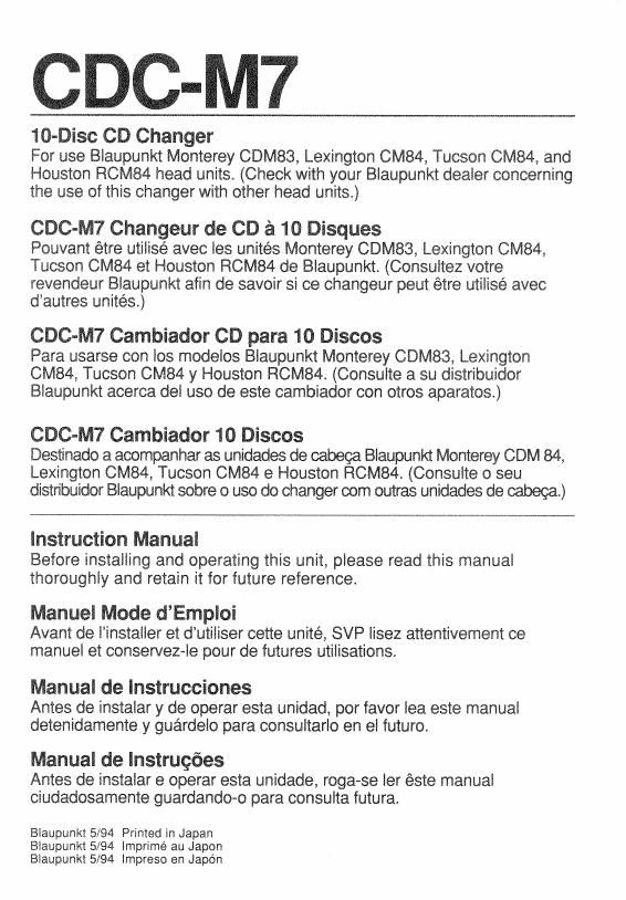 Blaupunkt CDC M7 Owners Manual