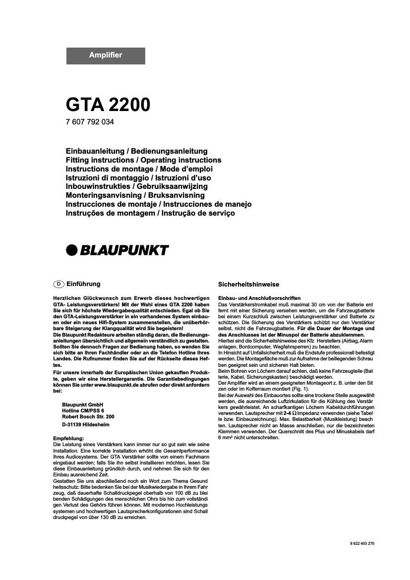 Blaupunkt GTA 2200 Owners Manual