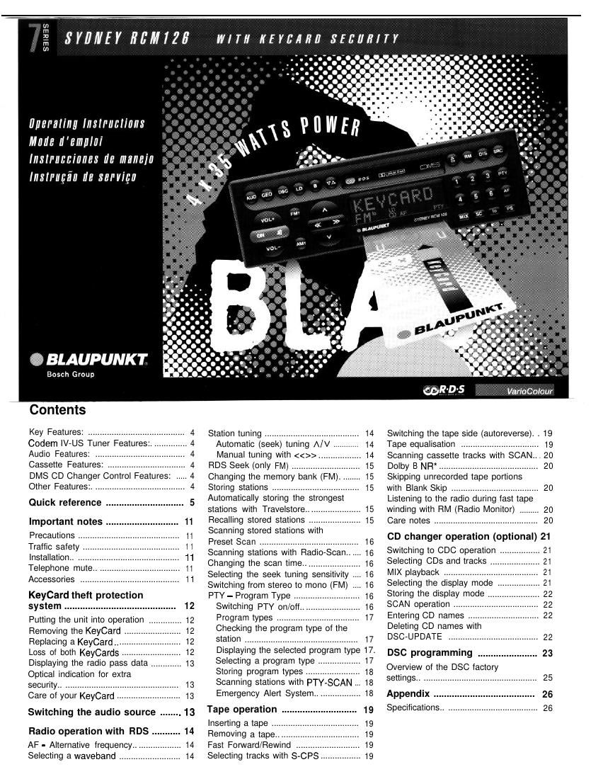 Blaupunkt Sydney RCM 126 Owners Manual