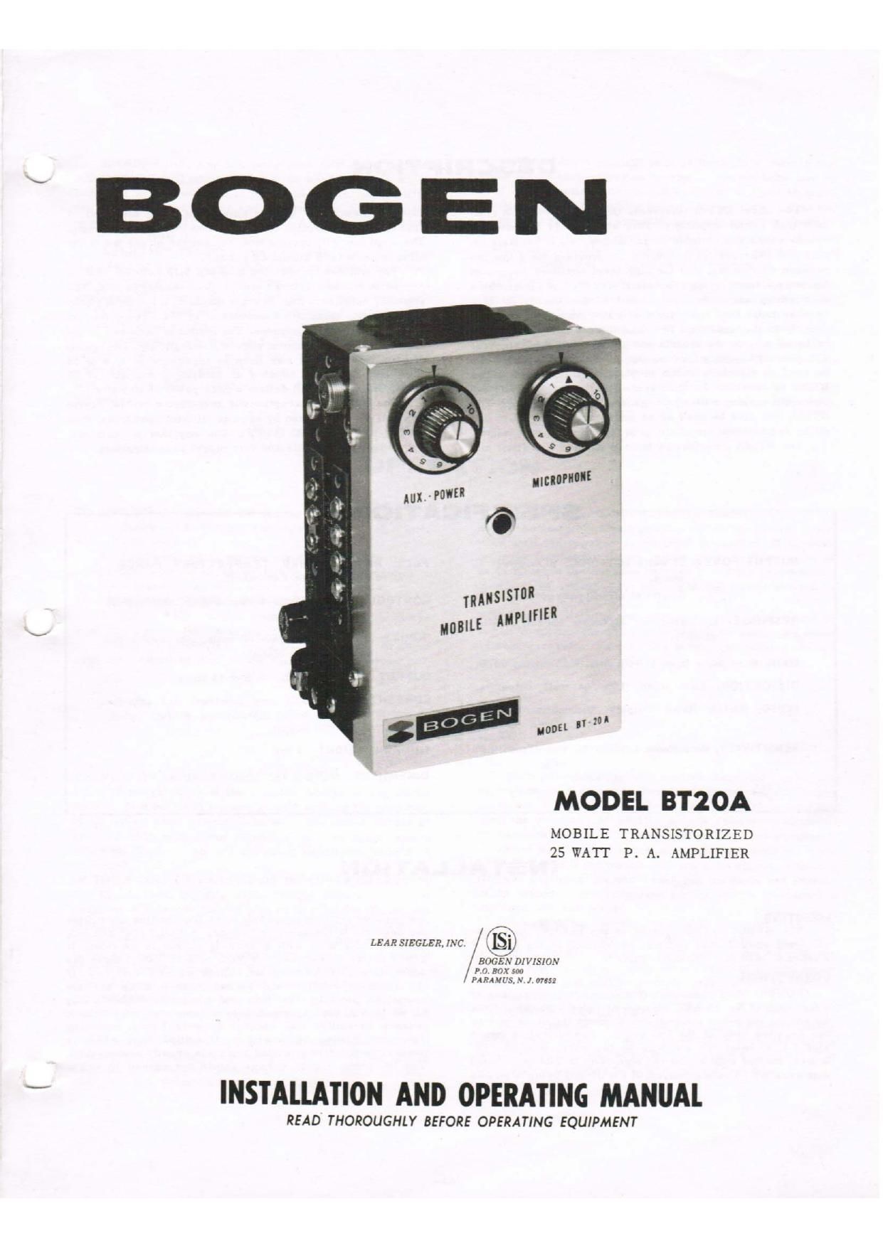 Bogen BT 20 A Operating Manual