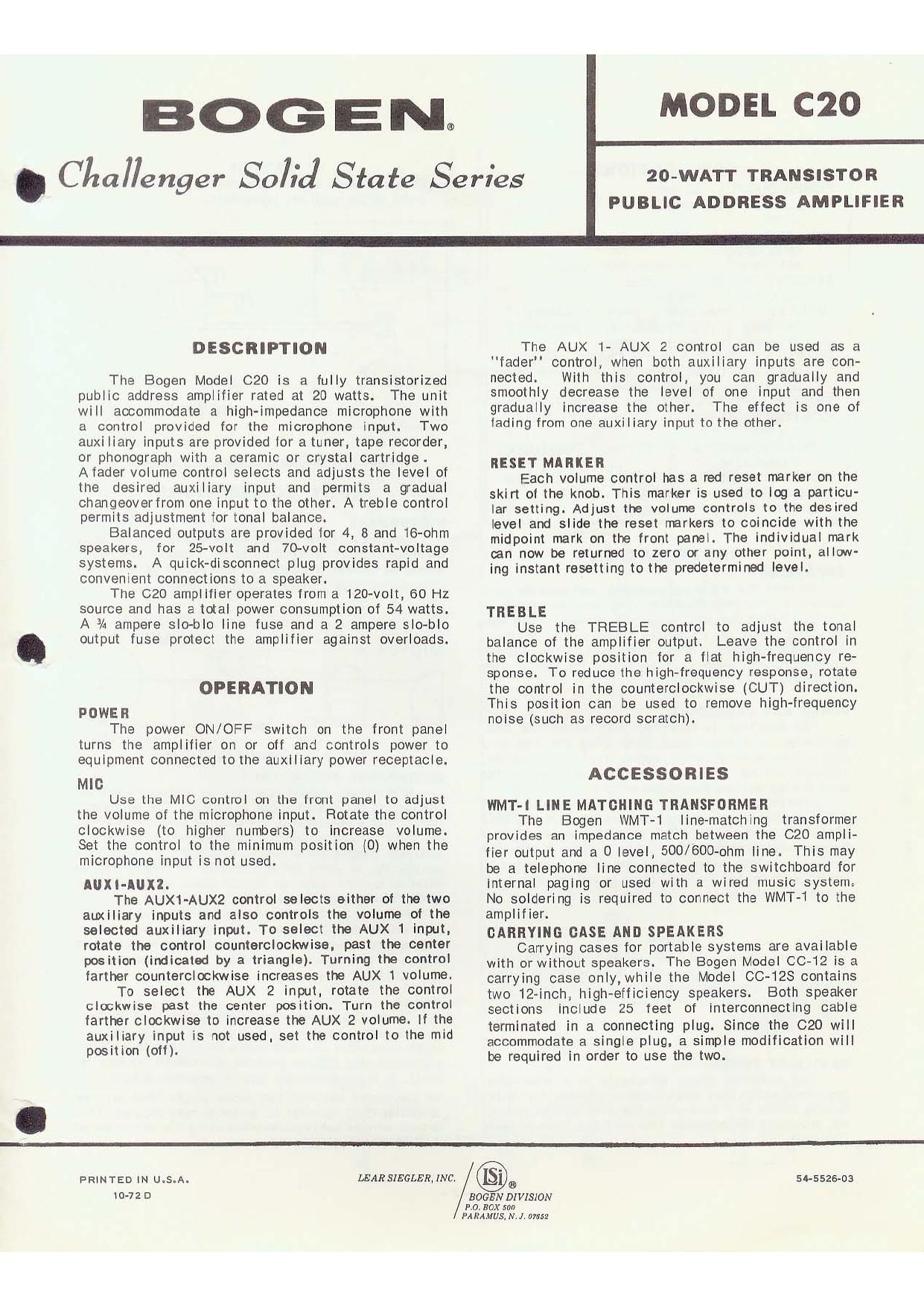 Bogen C 20 Operating Manual