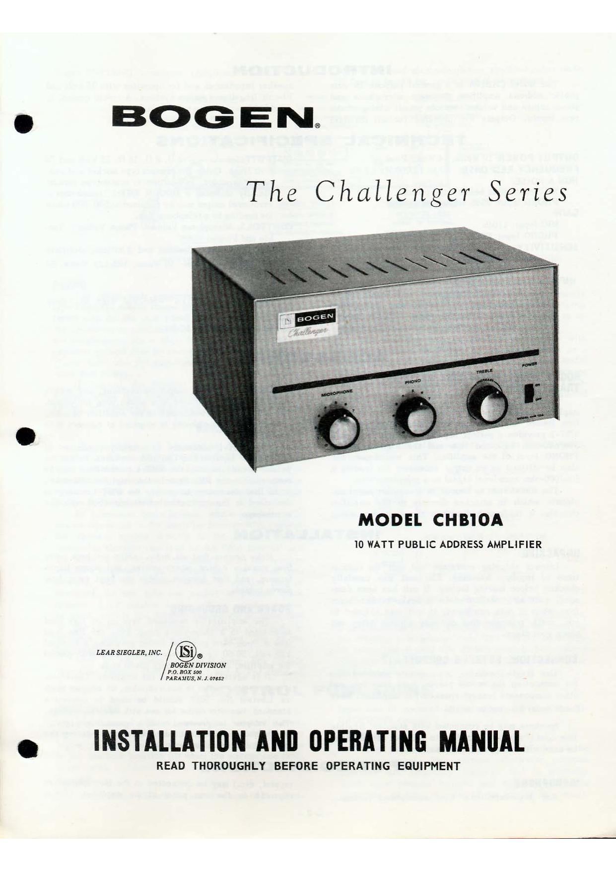 Bogen CHB 10 Operating Manual