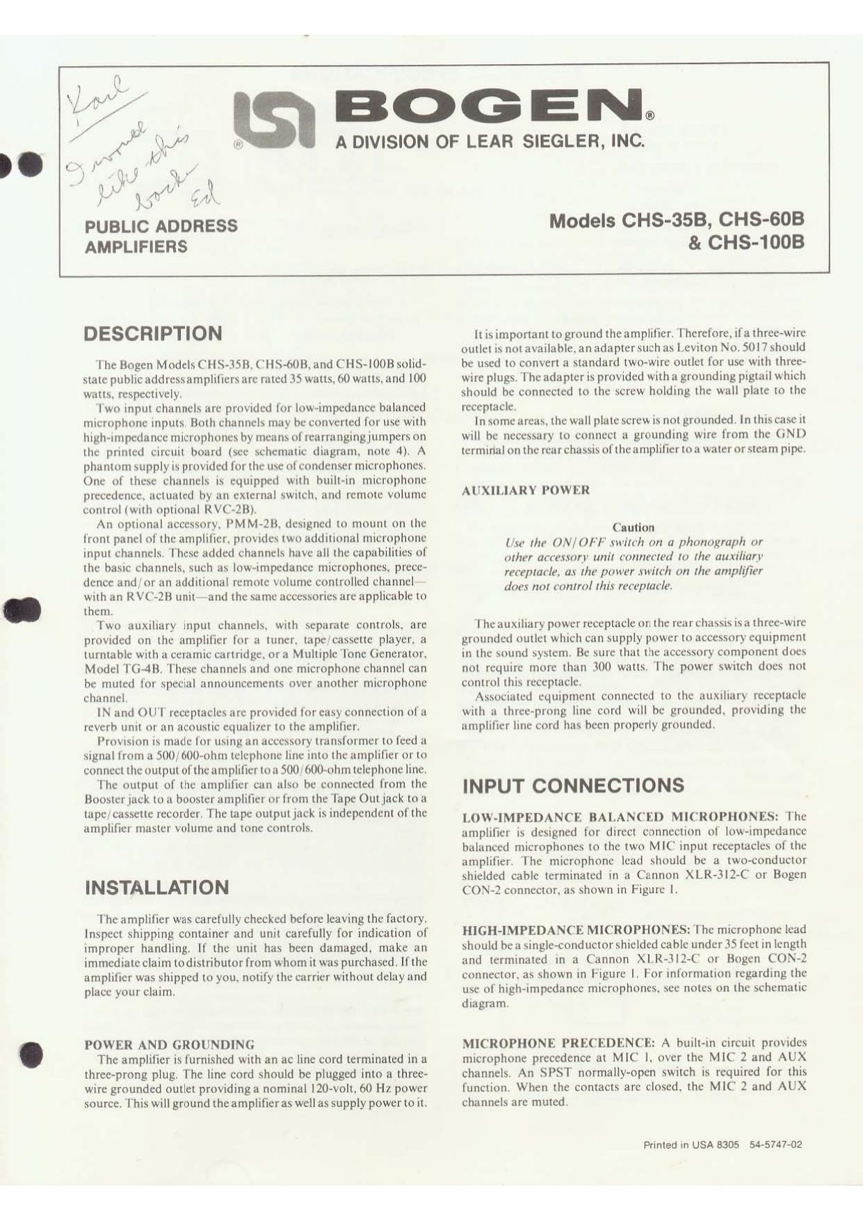 Bogen CHS 35B 60B 100B Operating Manual